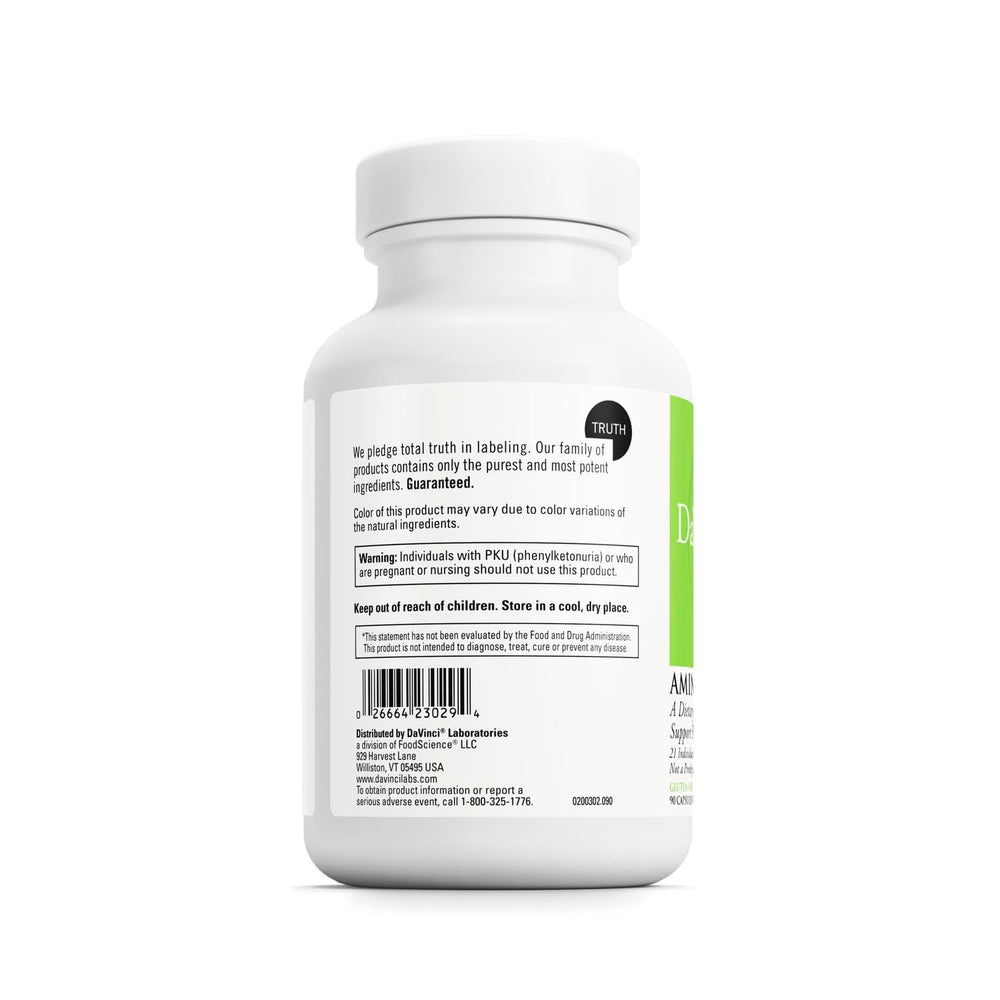 DAVINCI Amino 21 capsules close-up highlighting amino acids.