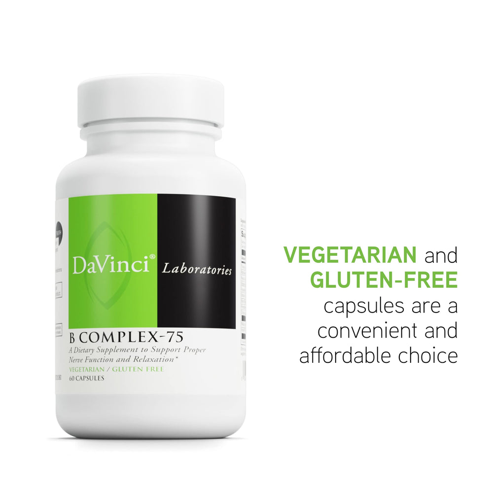 Box and twist-off cap of DAVINCI B Complex-75, gluten-free promise