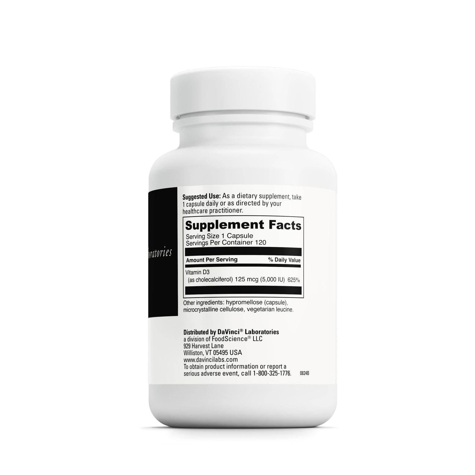 DAVINCI D3 5000IU bottle-label highlights gluten-free formulation.