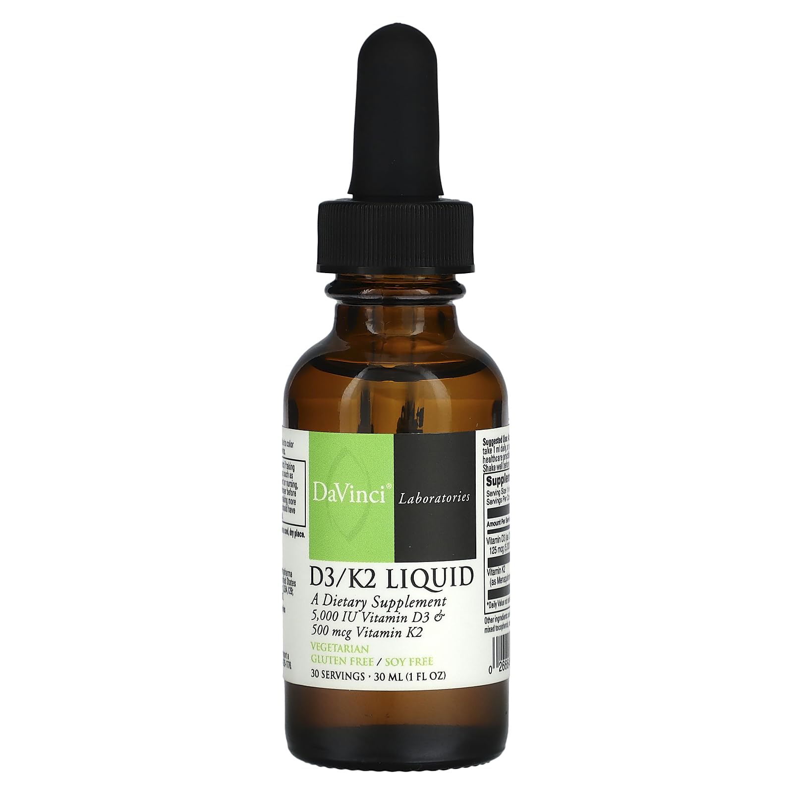 DaVinci D3/K2 Liquid bottle highlights orange flavor and potential bone support and calcium absorption