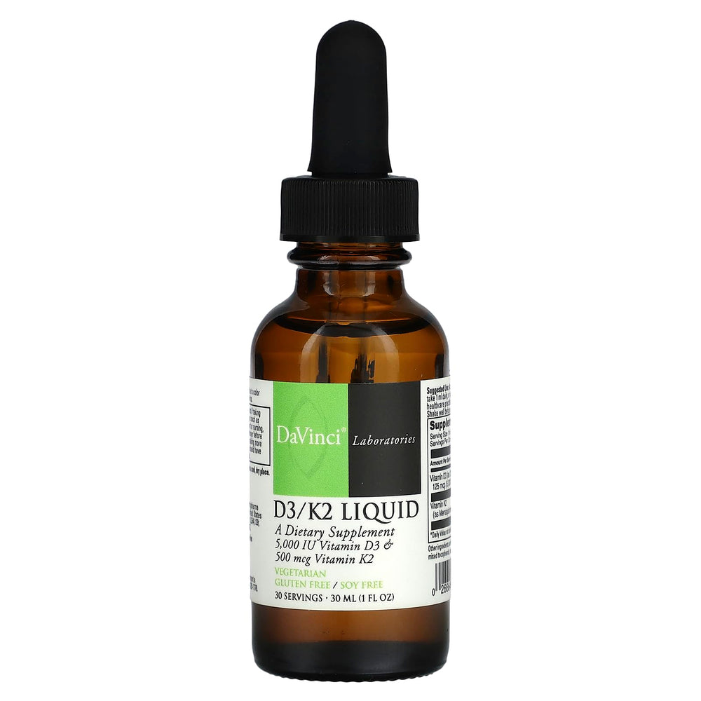 DaVinci D3/K2 Liquid bottle highlights orange flavor and potential bone support and calcium absorption