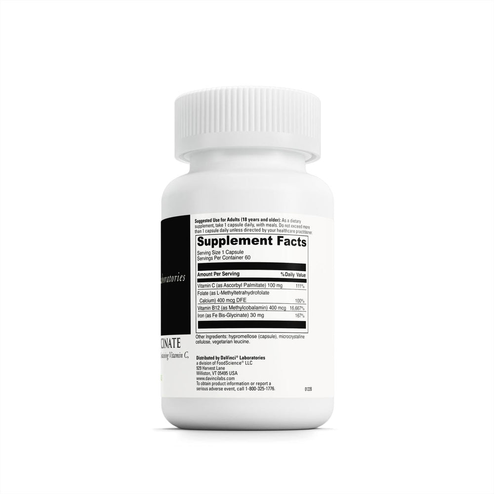 DAVINCI Iron Bis-Glycinate bottle with clear label and supplement facts