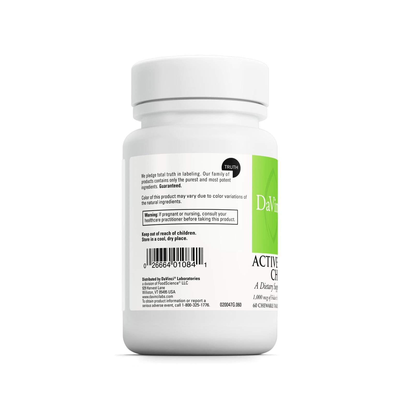DAVINCI Labs Active Folate B12 ingredients highlight bioavailable folate and B12 for energy support.