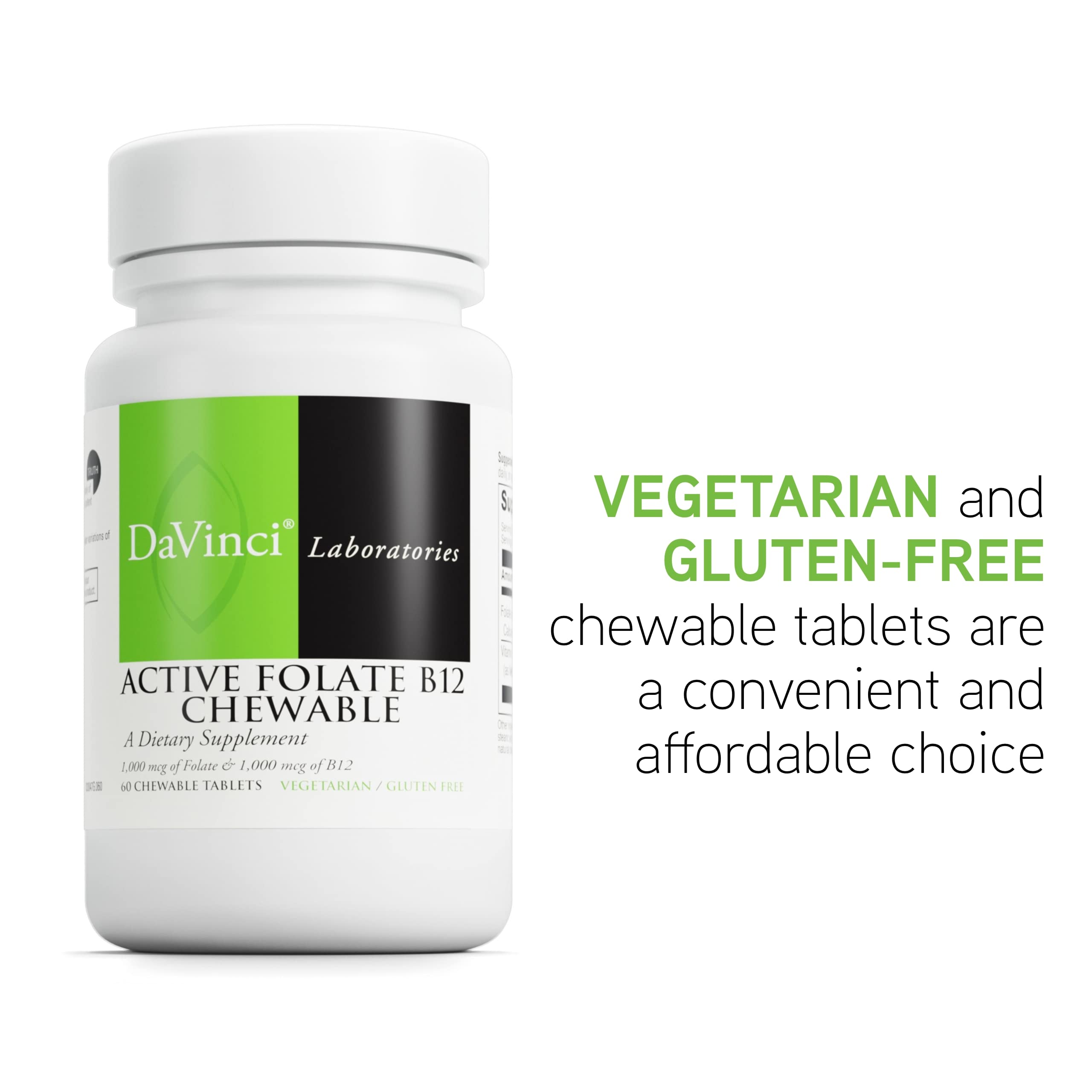 Packaging display of DAVINCI Labs Active Folate B12 chewables for convenient on-the-go use.