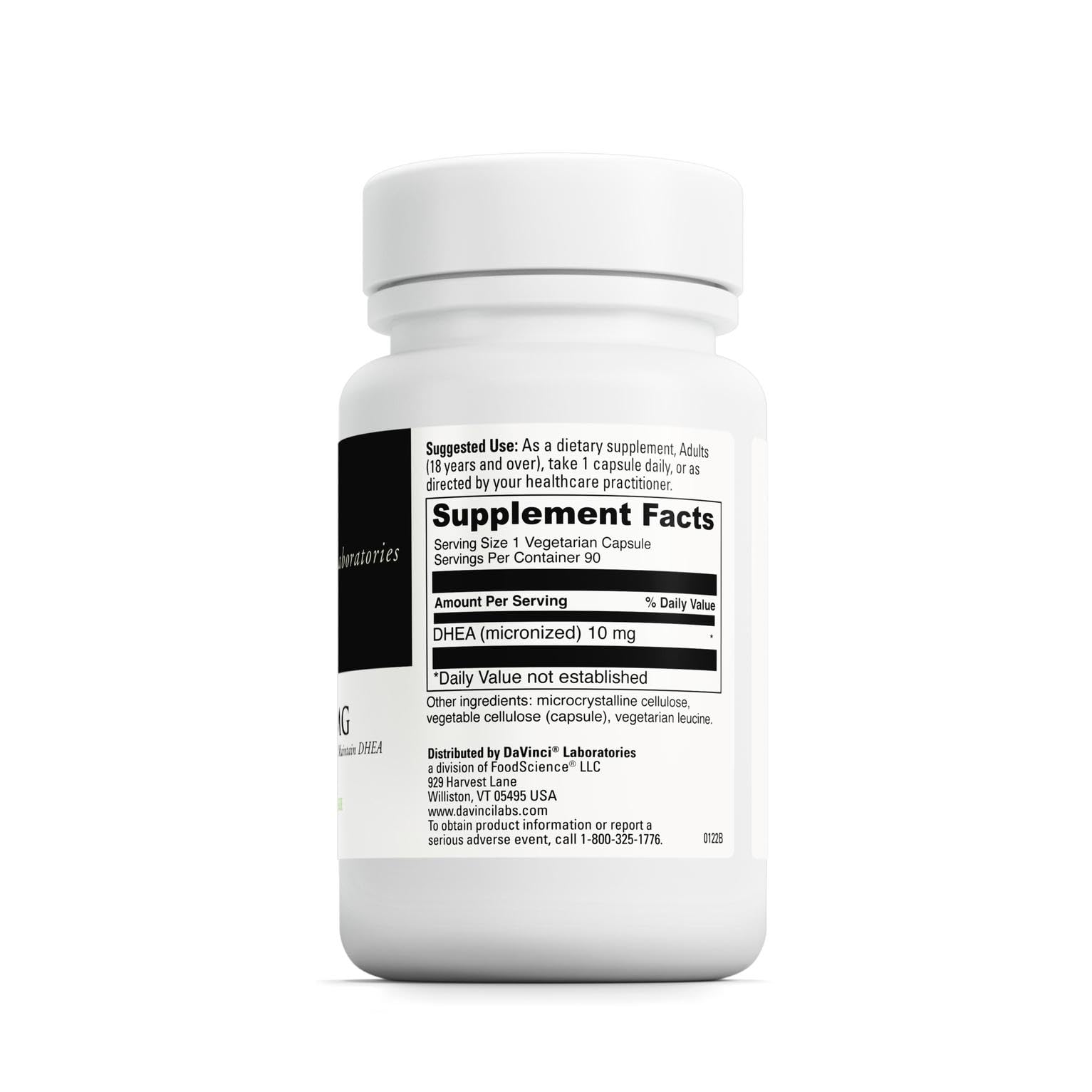 DAVINCI Labs DHEA capsule on bottle to illustrate daily intake.