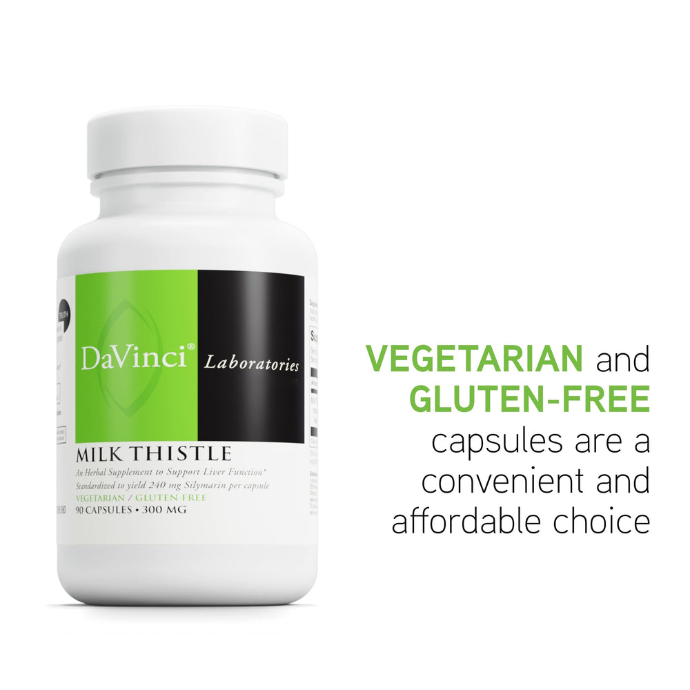Gluten-free packaging of DAVINCI Milk Thistle with 90 vegetarian capsules.