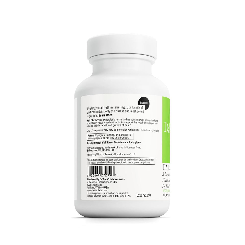 DAVINCI Hair Effects ingredients panel on label communicates potent blend for hair health
