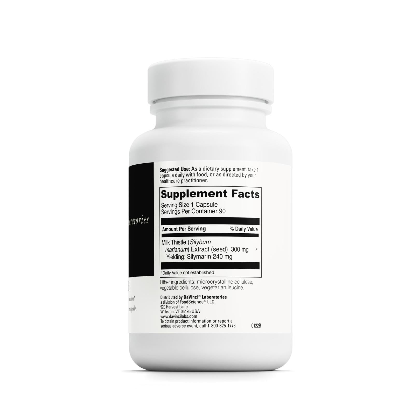 DAVINCI Labs Milk Thistle capsules close-up highlighting vegetarian formula.