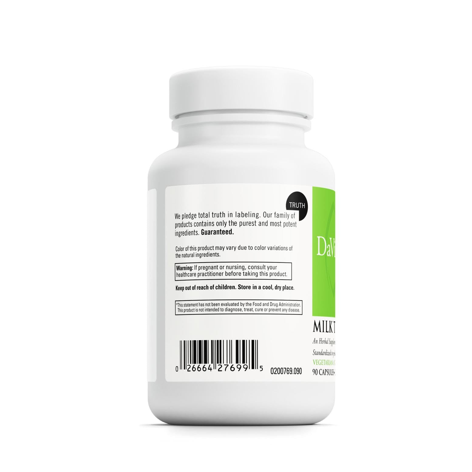 Label detail shows DAVINCI Labs Milk Thistle extract and capsule count.
