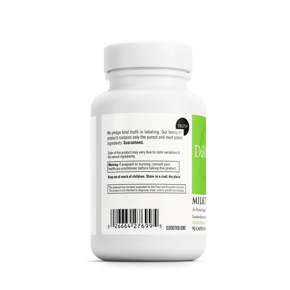 Label detail shows DAVINCI Labs Milk Thistle extract and capsule count.