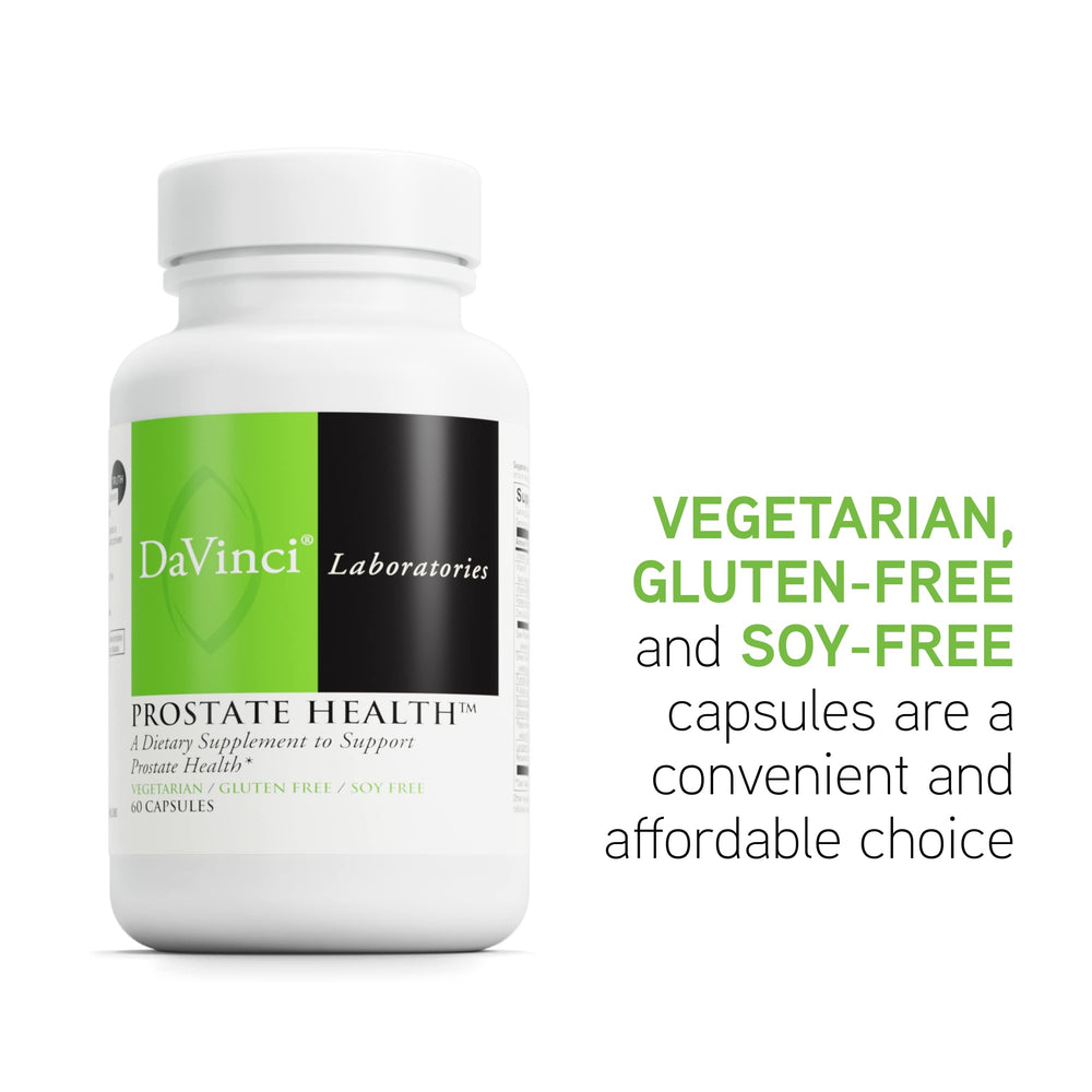 DAVINCI Labs Prostate Health daily-use setup demonstrates taking capsules with meals