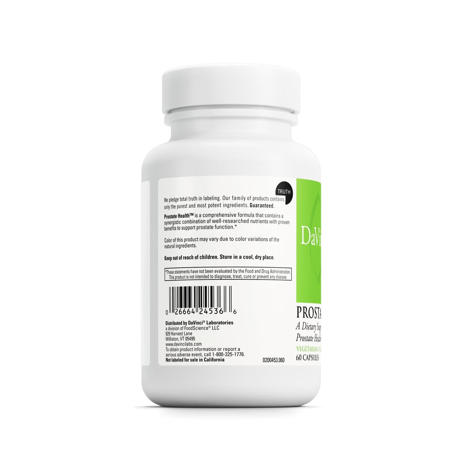 DAVINCI Labs Prostate Health ingredients card highlights saw palmetto and green tea extract benefits