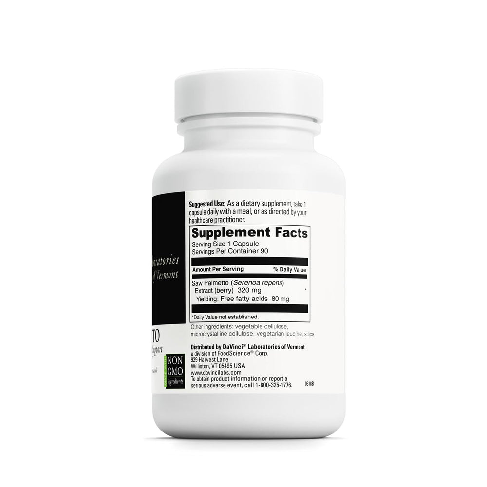Front label of DAVINCI Labs Saw Palmetto highlights gluten-free, vegetarian capsules.