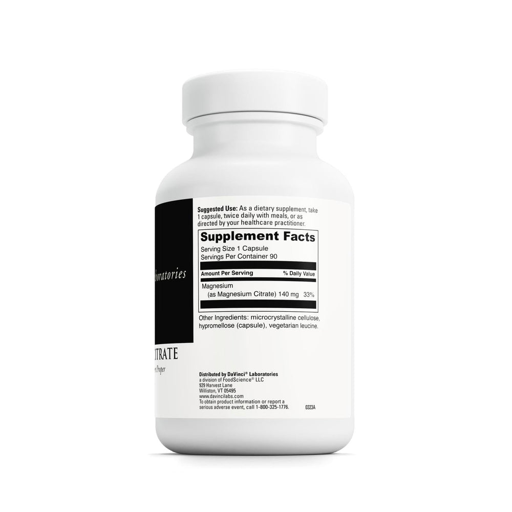 DaVinci Magnesium Citrate capsules closeup showing vegetarian, gluten-free formula