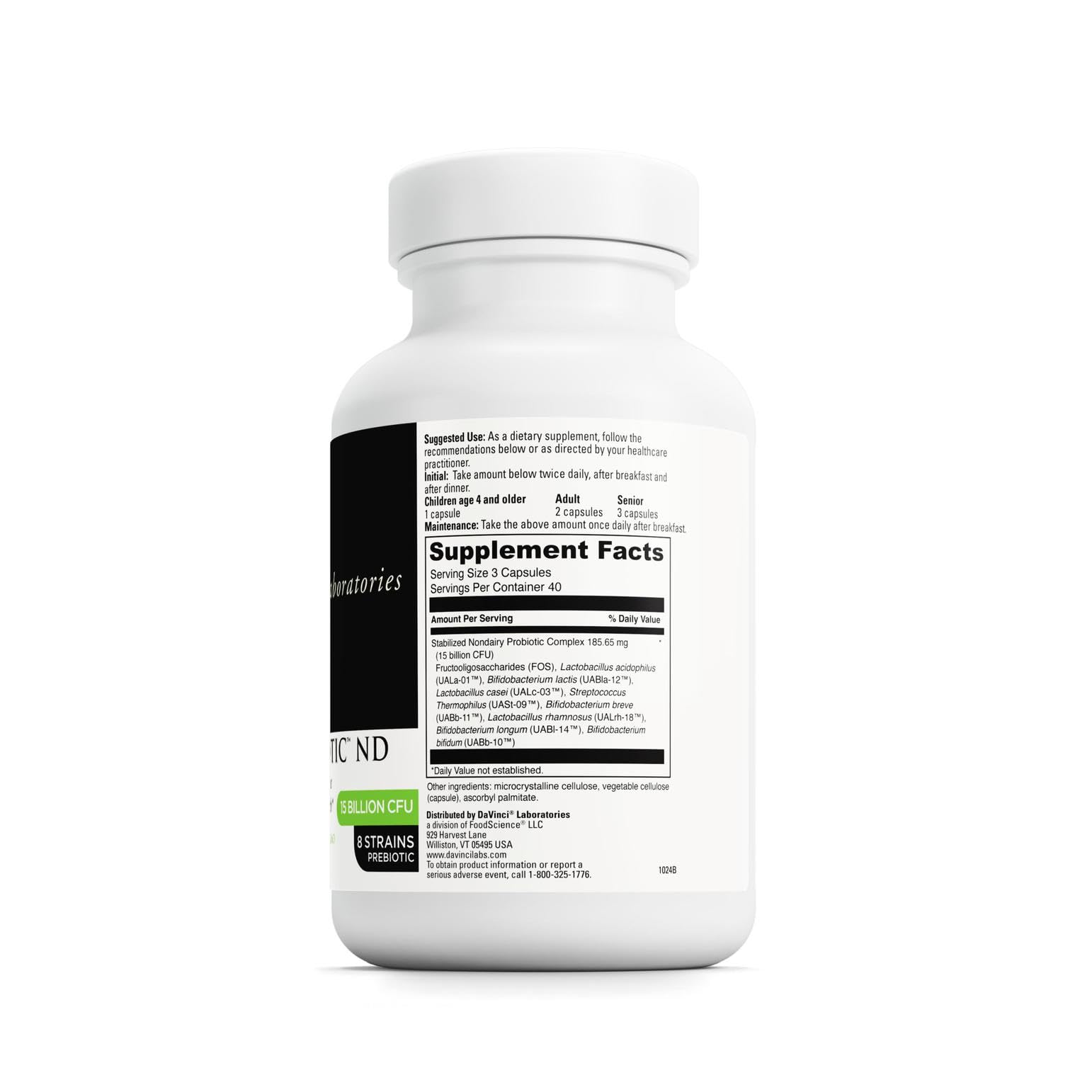 DAVINCI Mega Probiotic ND bottle back label details and serving guidance