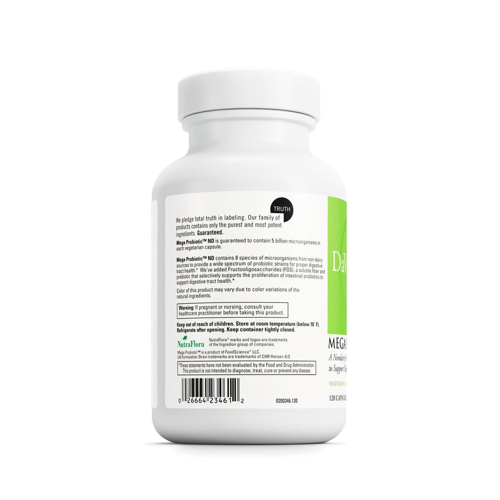 Closeup of DAVINCI Mega Probiotic ND capsules for vegetarian, dairy-free use