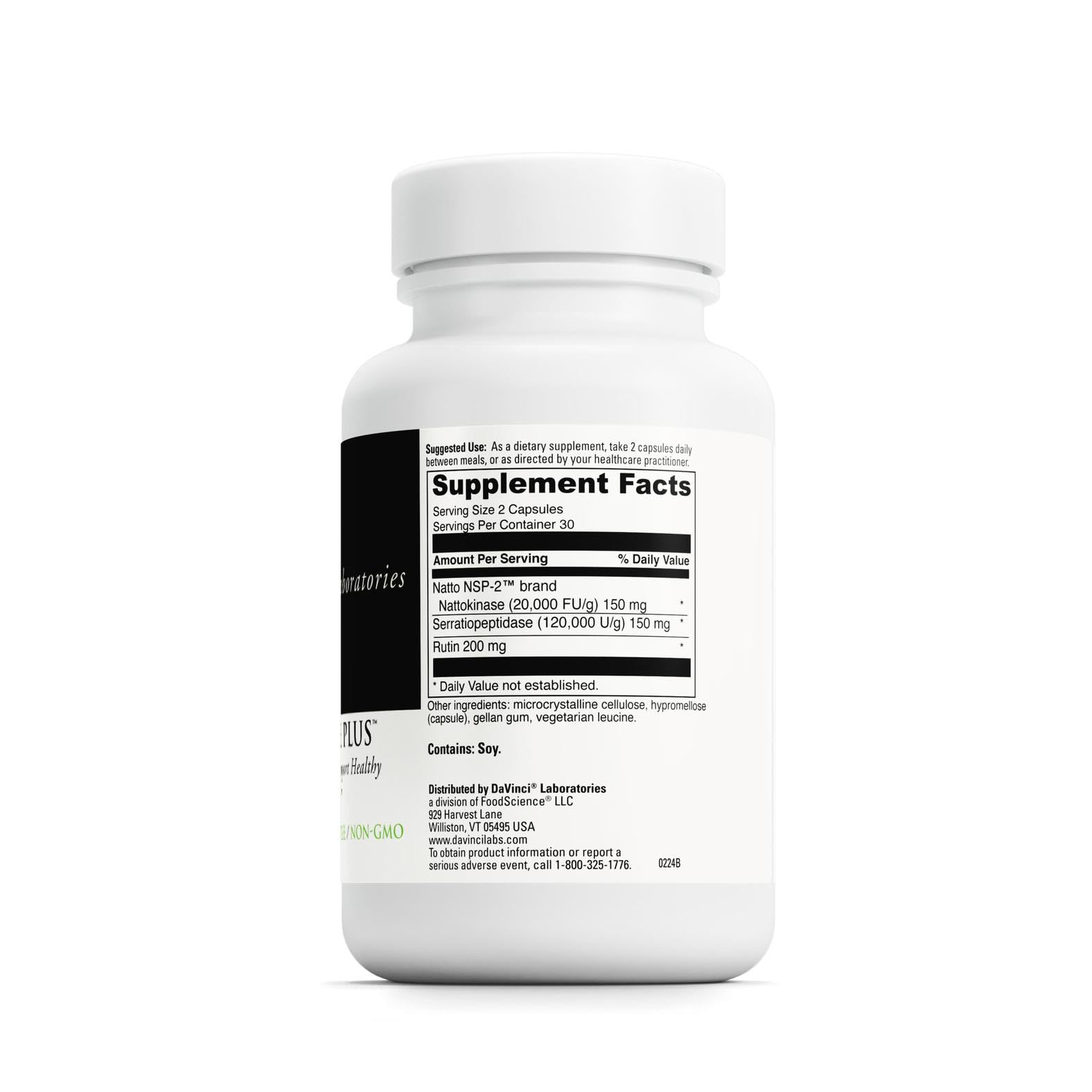 Closeup of DAVINCI Labs Nattokinase Plus capsules for daily vascular wellness.