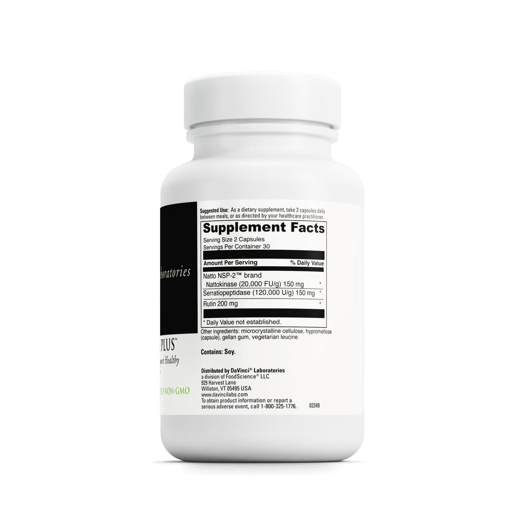 Closeup of DAVINCI Labs Nattokinase Plus capsules for daily vascular wellness.
