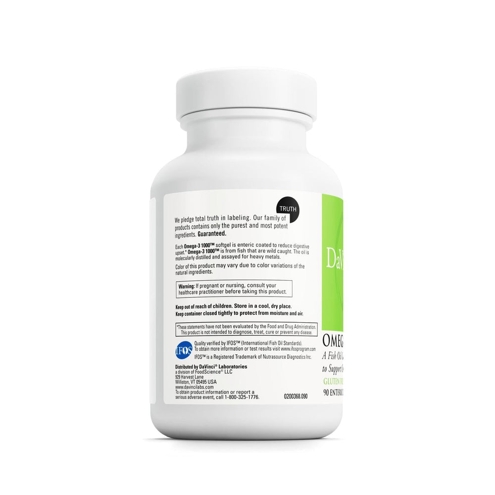 Label detail on DAVINCI Omega-3 1000 highlighting purity and ingredients