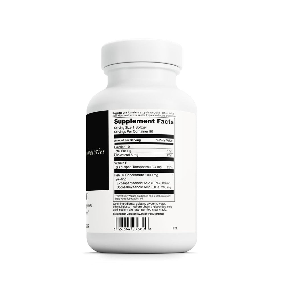 Close-up of DAVINCI Omega-3 1000 softgels showing a smooth, easy-to-swallow capsule