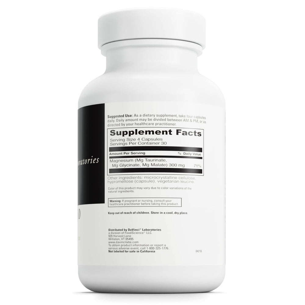 Close-up of DAVINCI Tri-Mag 300 capsules for sleep and nerve support.