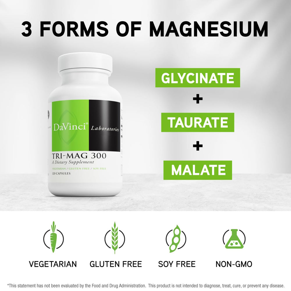Label close-up shows three magnesium forms in DAVINCI Tri-Mag 300.