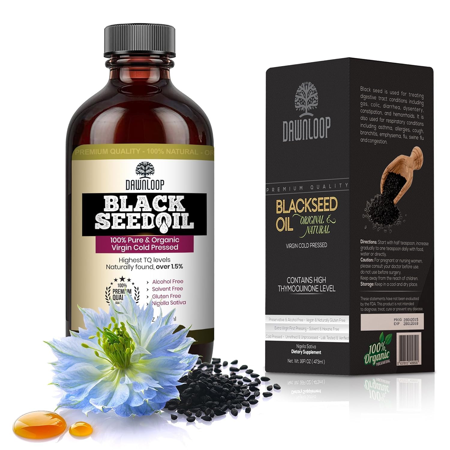 DAWNLOOP Black Seed Oil bottle pour for immune support and daily vitality.