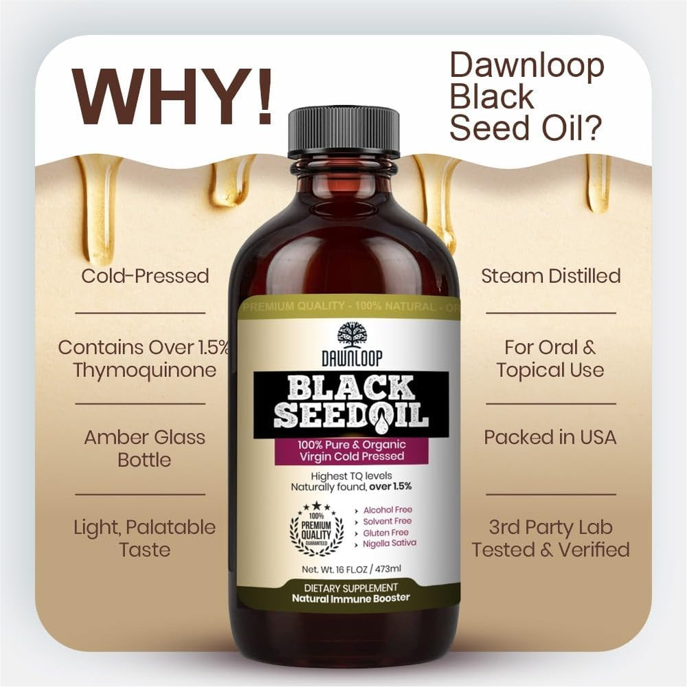 DAWNLOOP Black Seed Oil dropper dispensing oil for smoothies or dressings.