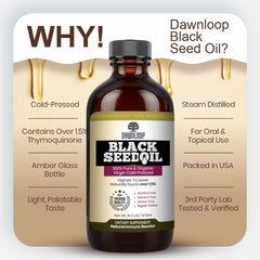 DAWNLOOP Black Seed Oil dropper dispensing oil for smoothies or dressings.