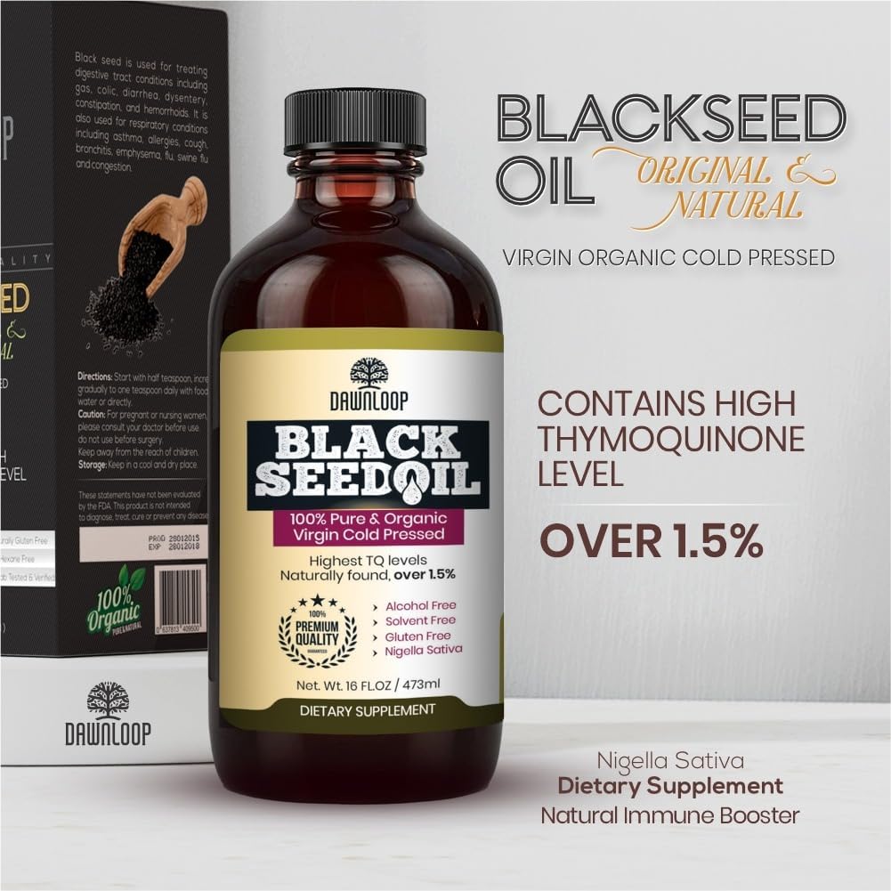 DAWNLOOP Black Seed Oil glass bottle with salad drizzle for healthy meals.