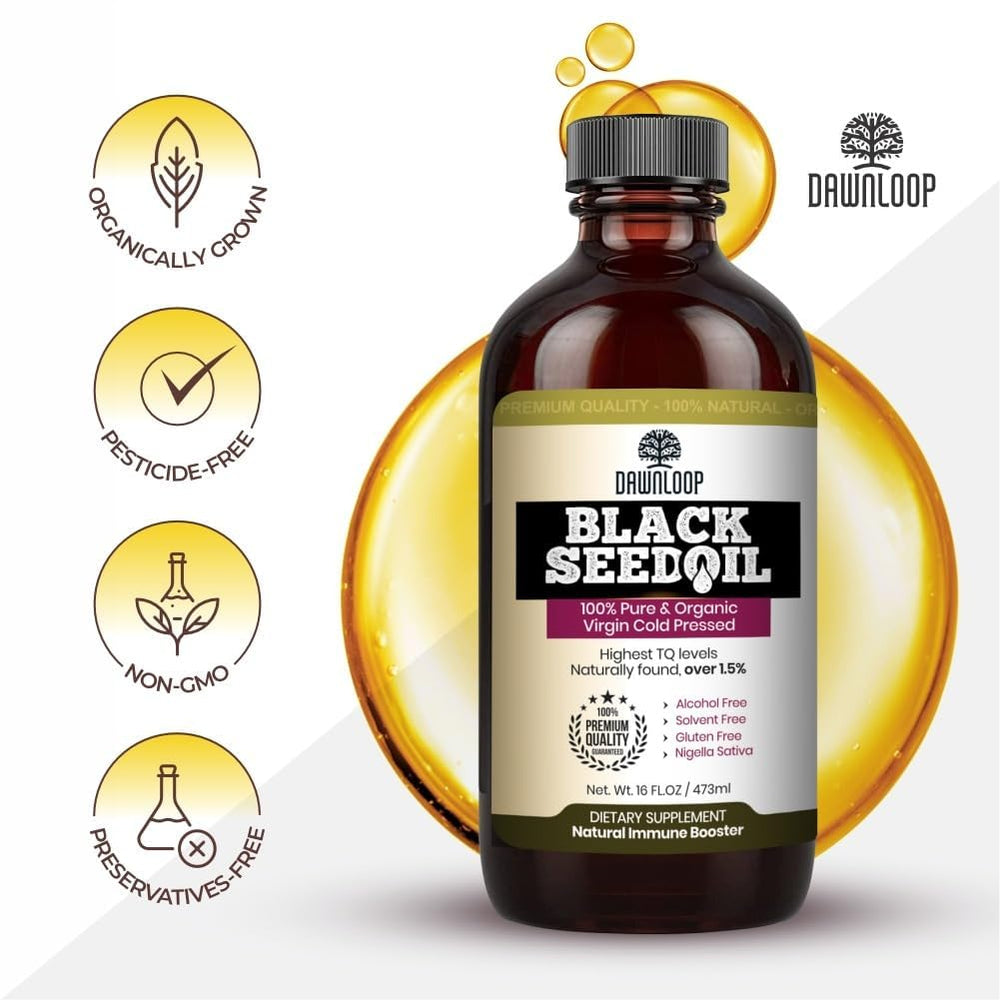 DAWNLOOP Black Seed Oil seed-to-oil close-up emphasizing nutrients.