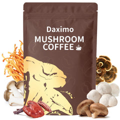 Daximo Organic Mushroom Coffee bag label signals premium blend for focused mornings.