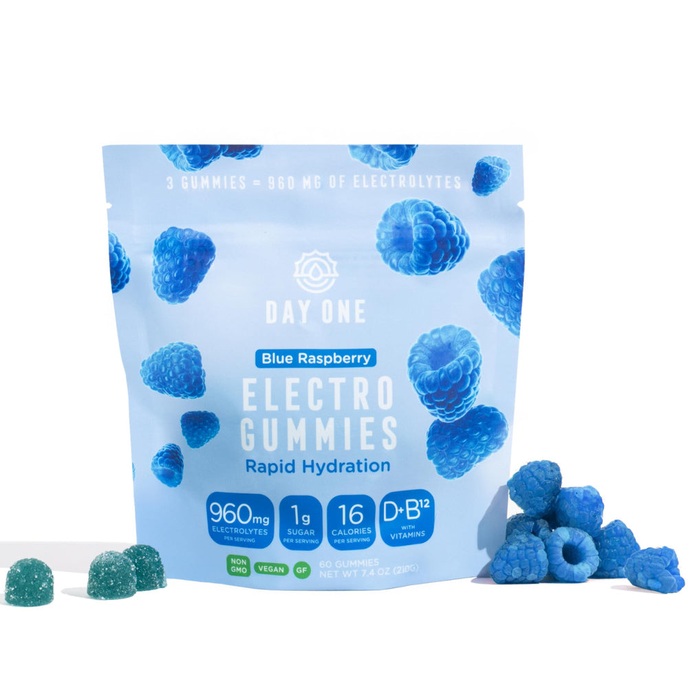 Day One Electrogummies blue raspberry bottle ready for hydration during workouts