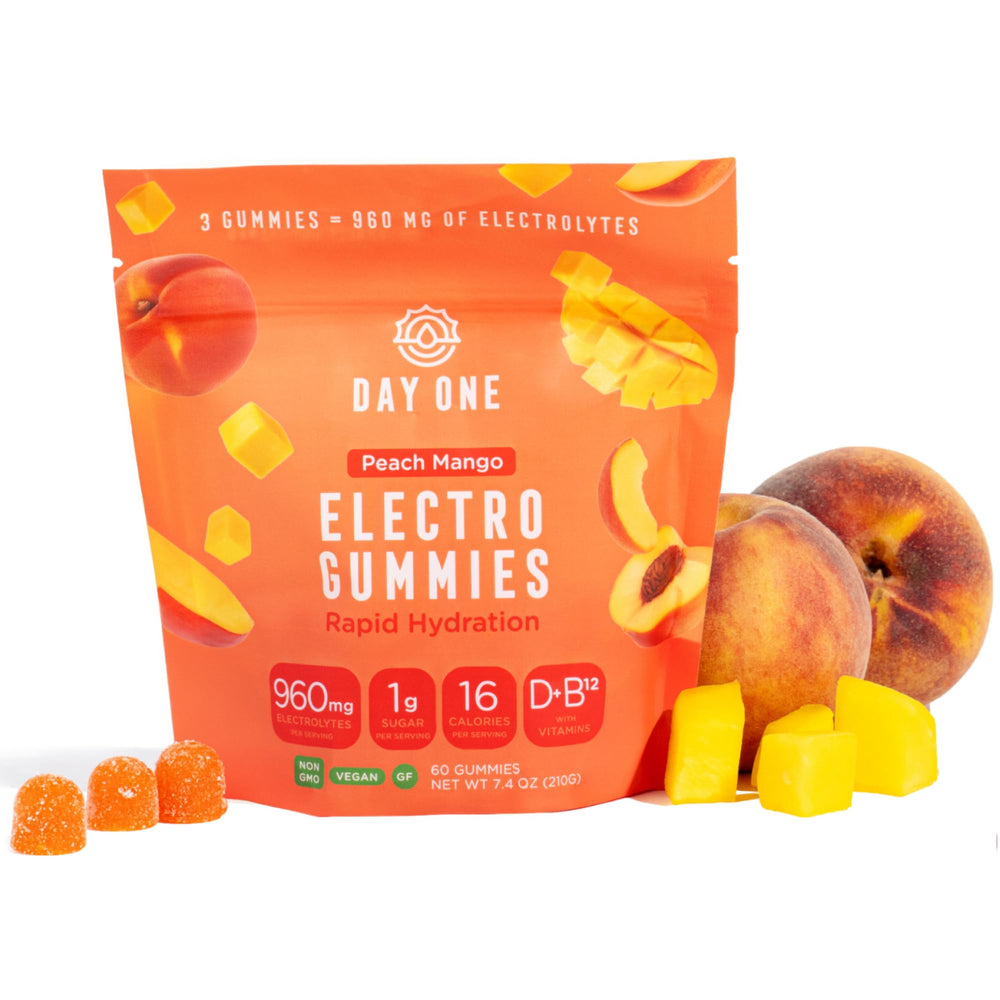 Day One Electrogummies peach mango bottle front view for on-the-go hydration.
