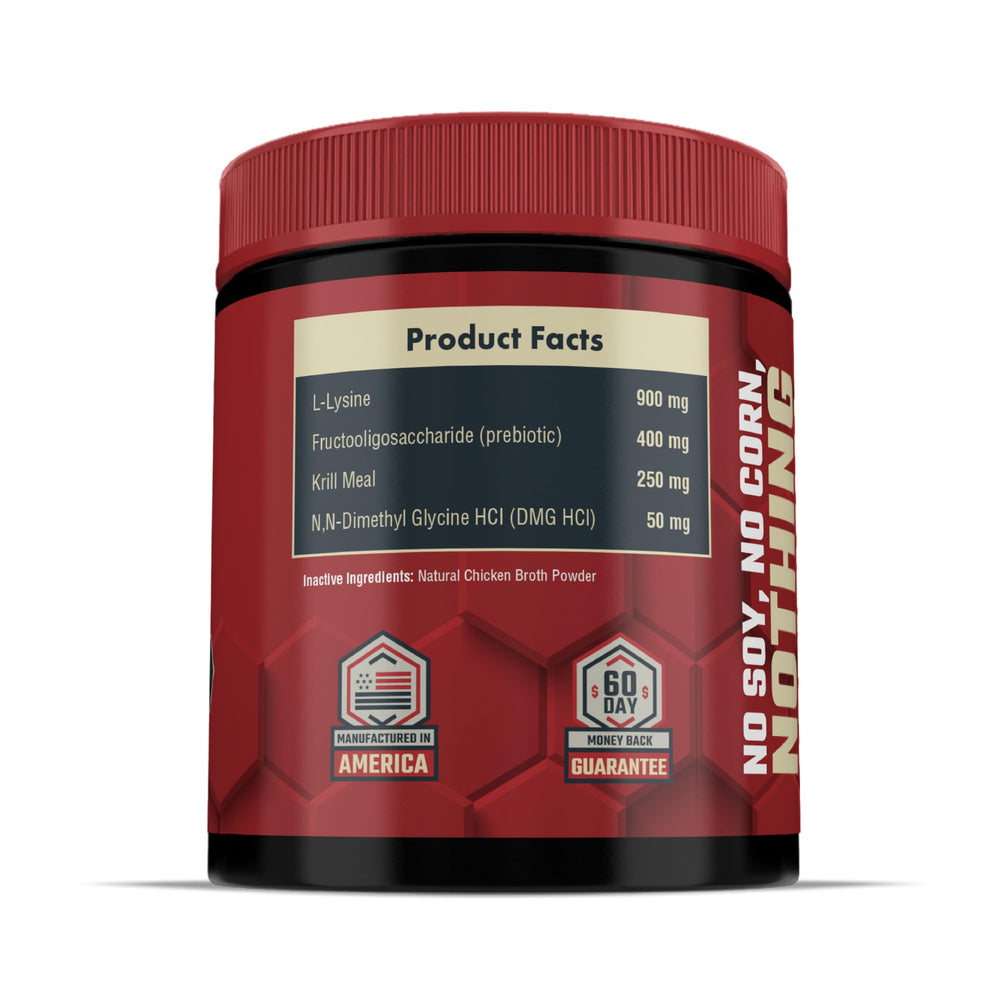 Daybreak Nutrition lysine powder scoop showcases easy dosing for daily cat health