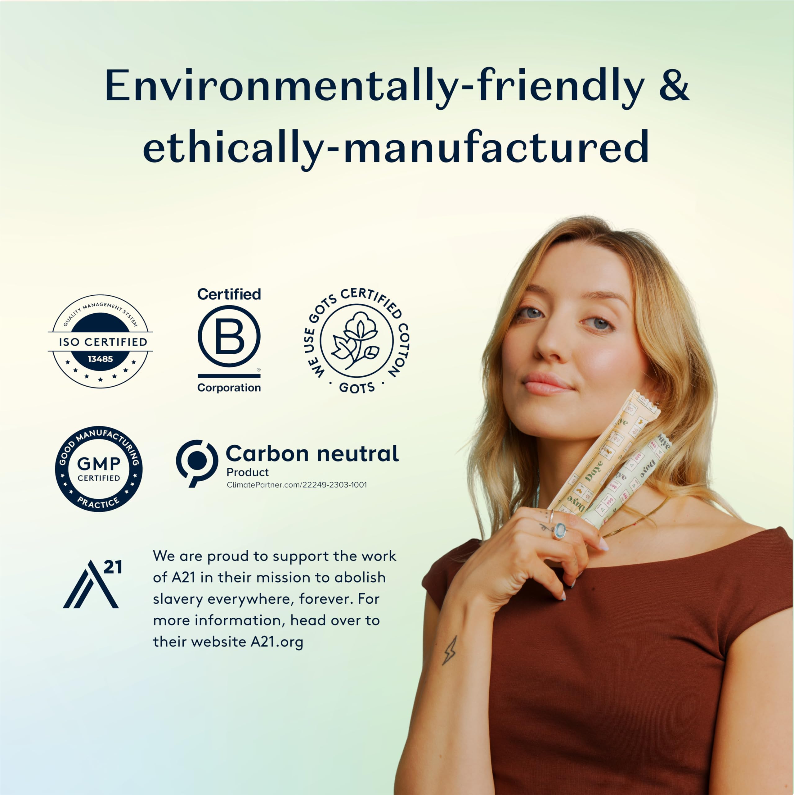 Daye Organic Tampons Super packaging emphasizes recyclable and biodegradable design.