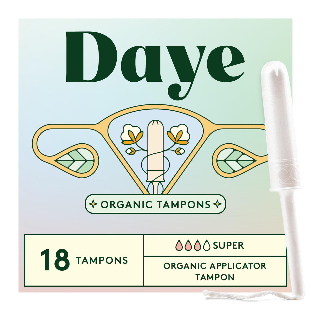 Daye Organic Tampons Super packaging shows eco-friendly design for sustainable period care.