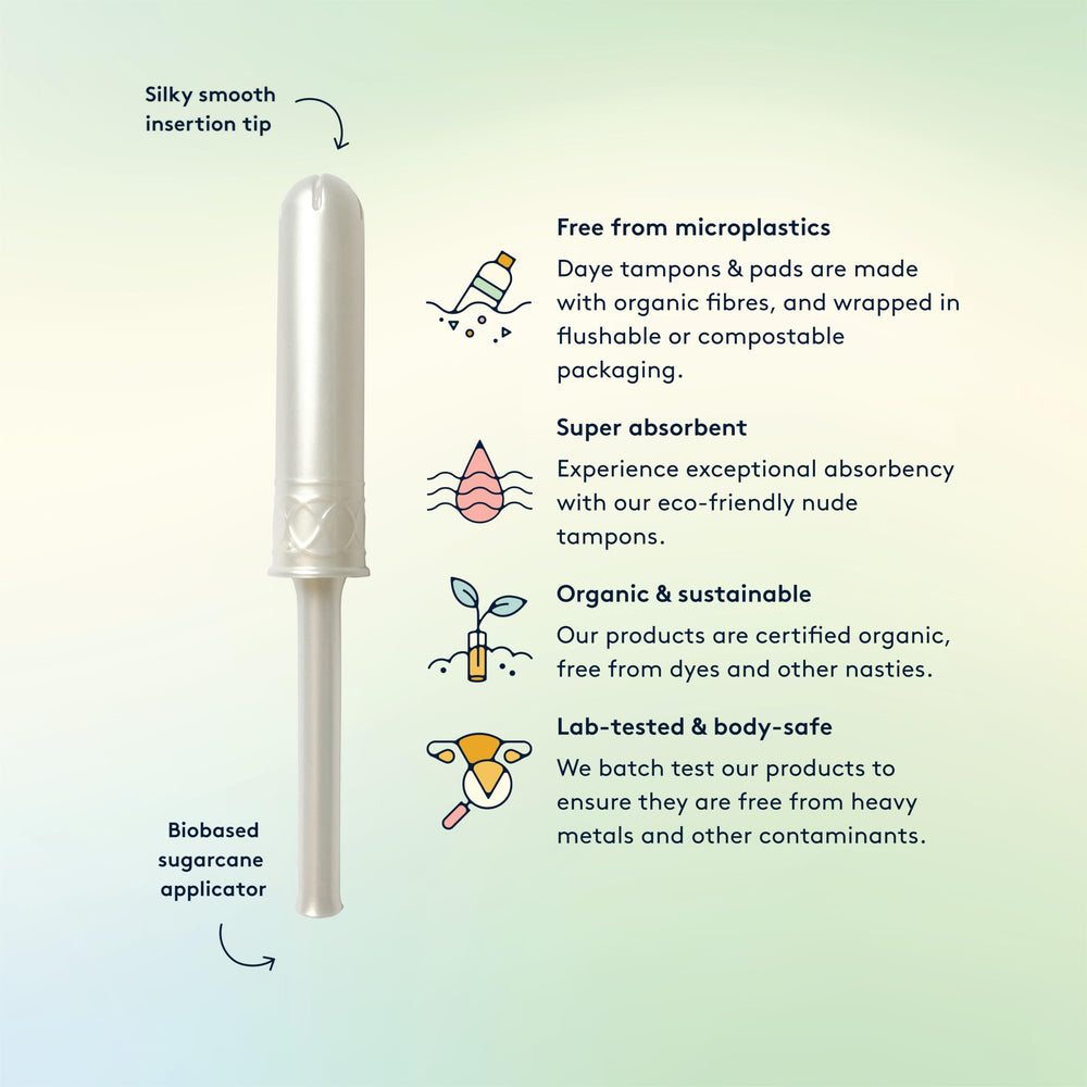 Daye Organic Tampons Super sugarcane applicator for a sustainable insertion experience.
