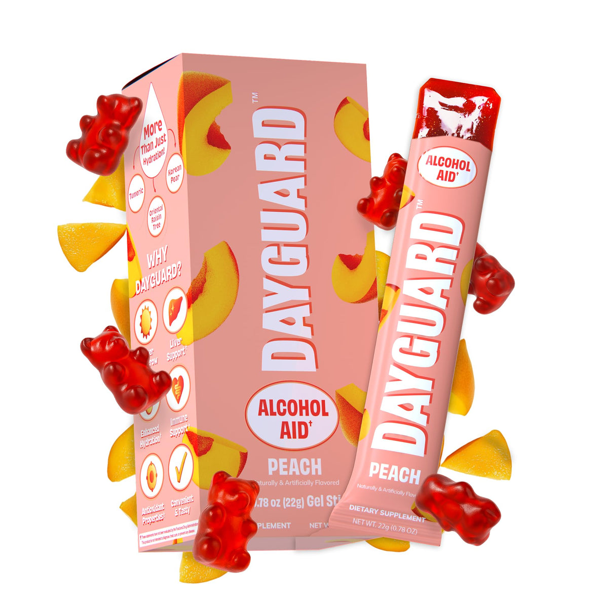 DayGuard peach jar showing jelly gummies for pre drinking support