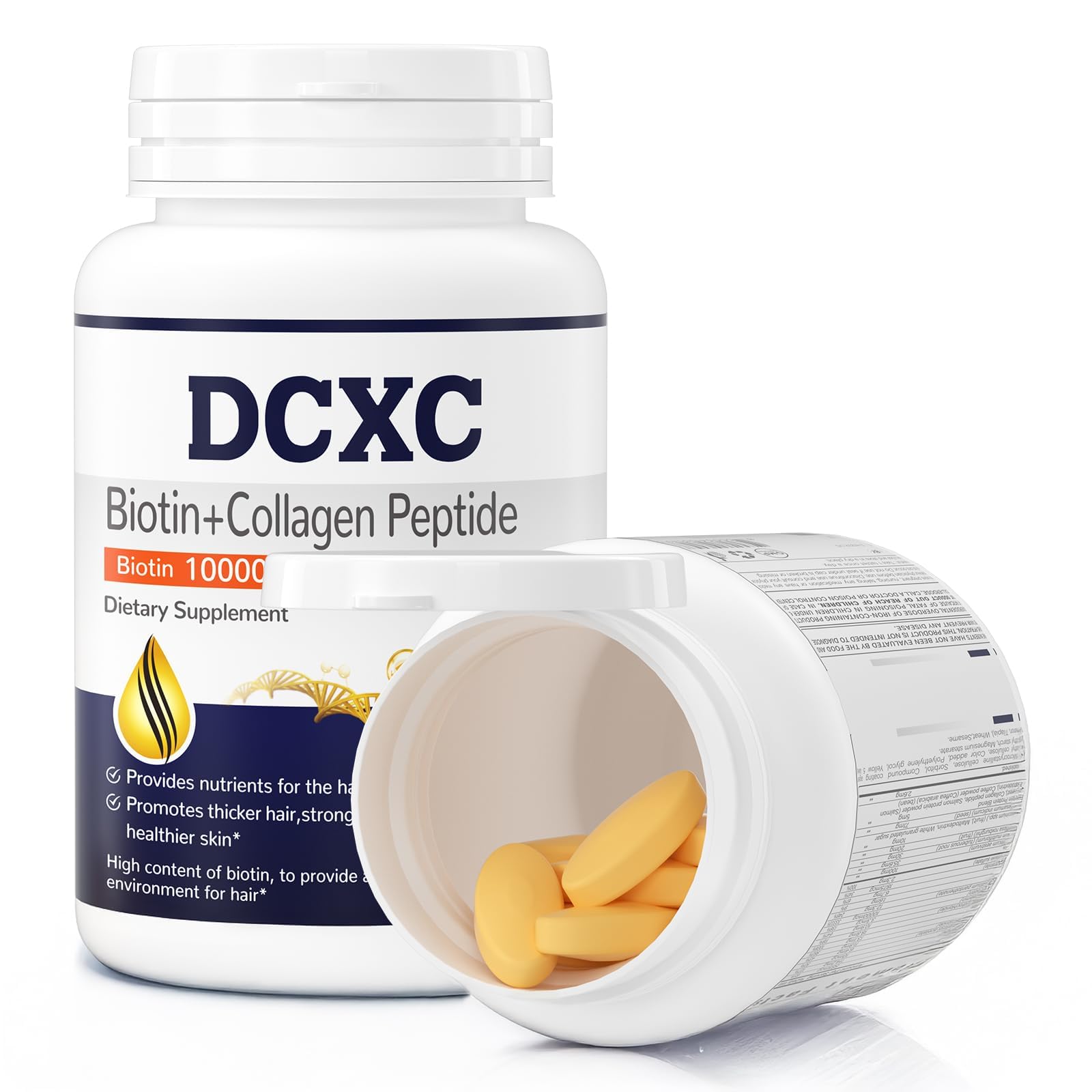 DCXC Biotin Collagen bottle open with tablets ready to take