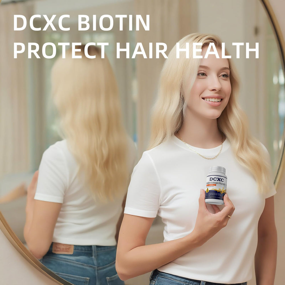 DCXC Biotin Collagen bottle with nails and skin support in focus