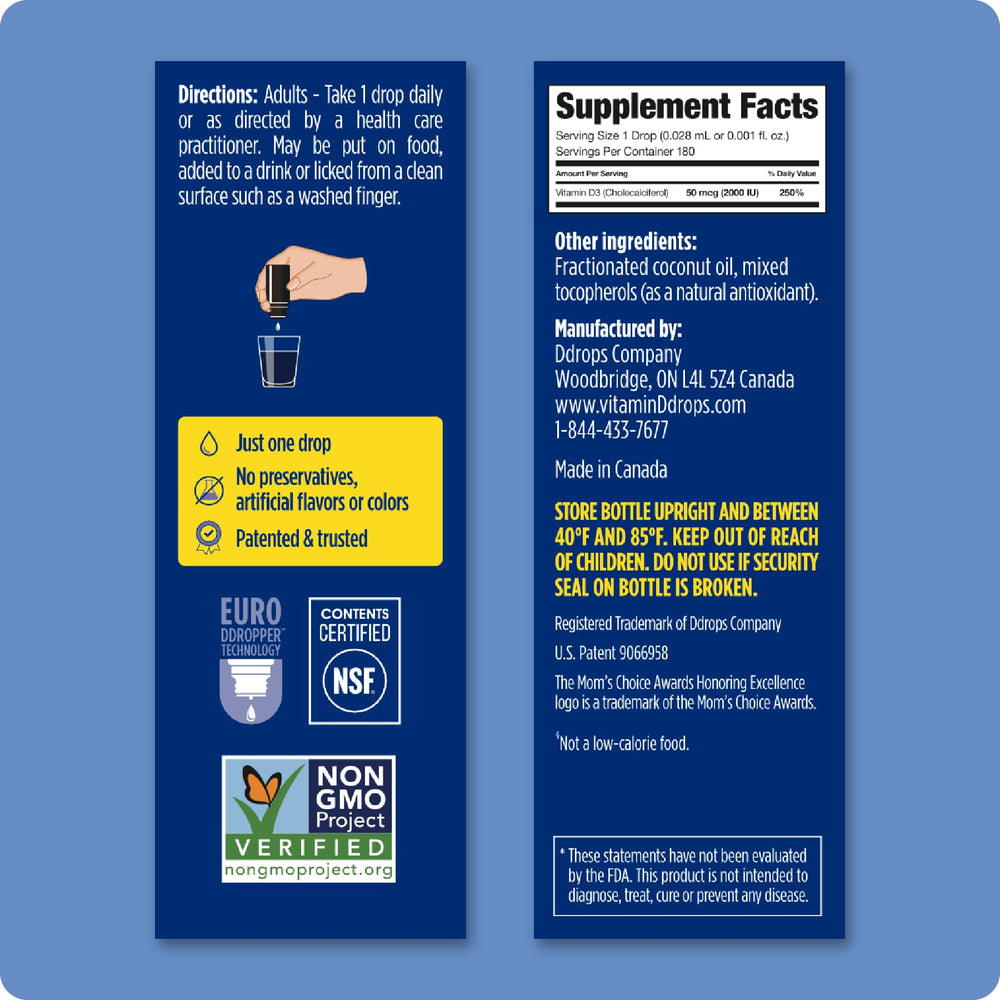 ddrops Adults 2000IU label closeup: clear dosage information for confident dosing