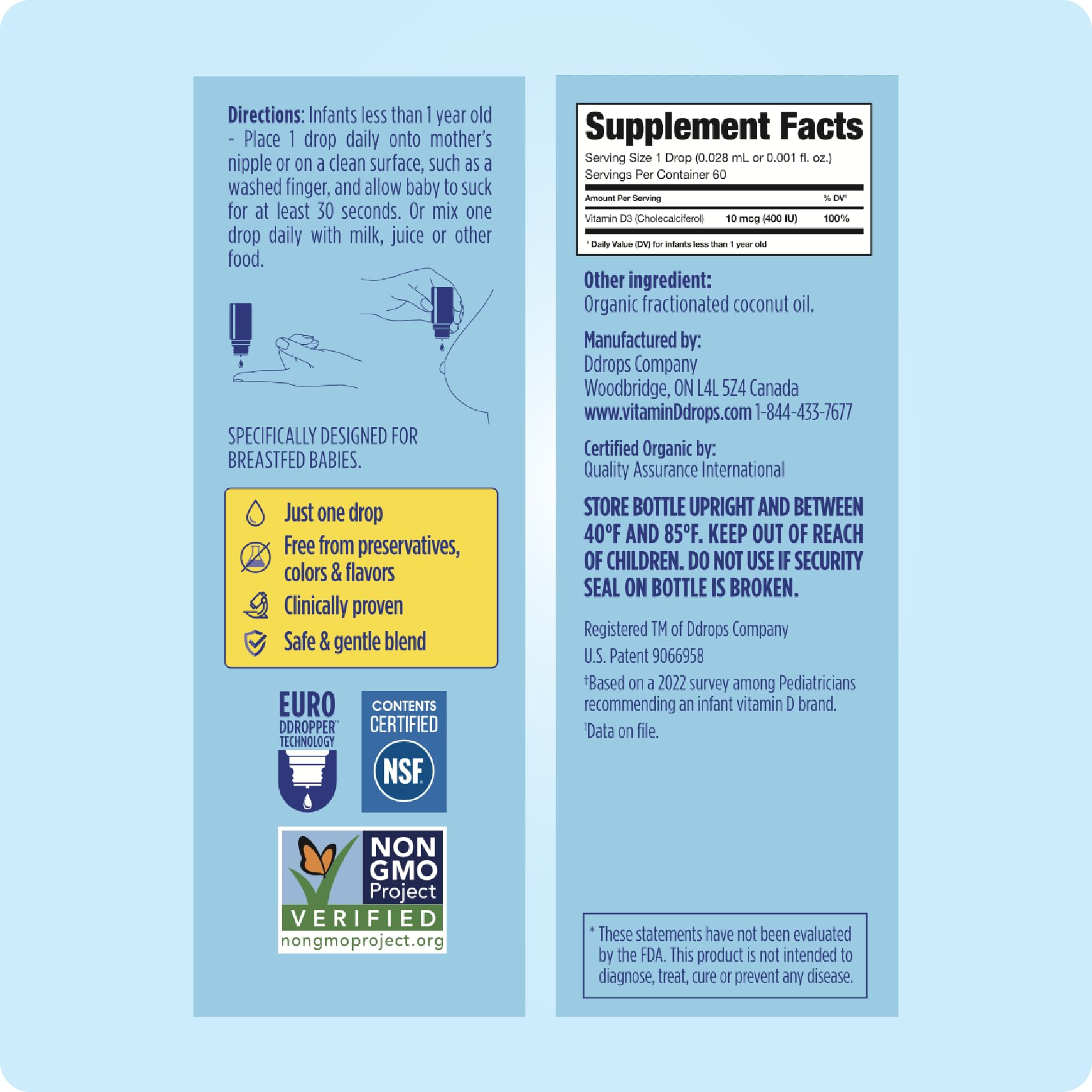 Ddrops Baby 400 IU drops label: trusted vitamin D3 source for infants