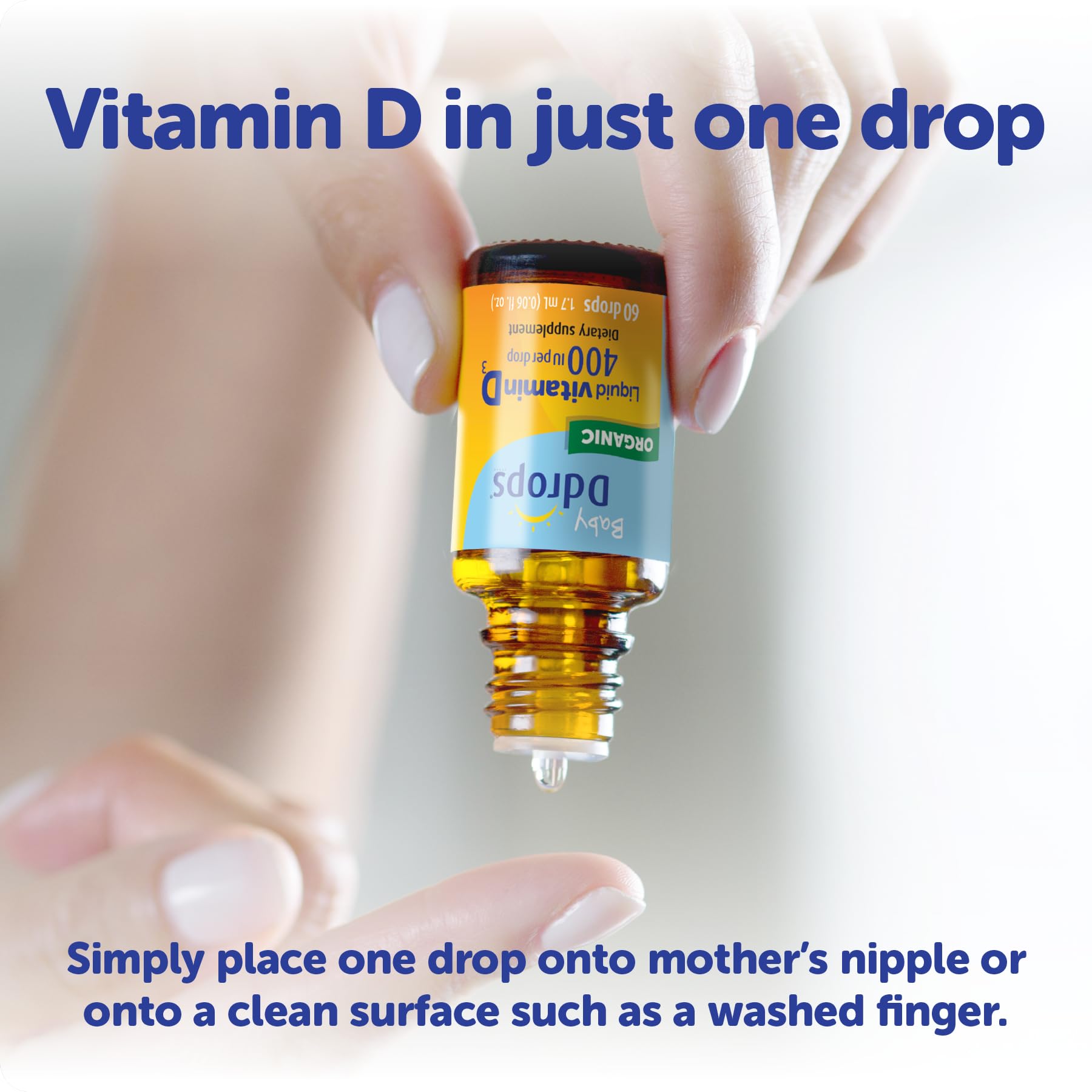 Ddrops Baby 400 IU drops packaging close-up: clean, allergen-free formulation