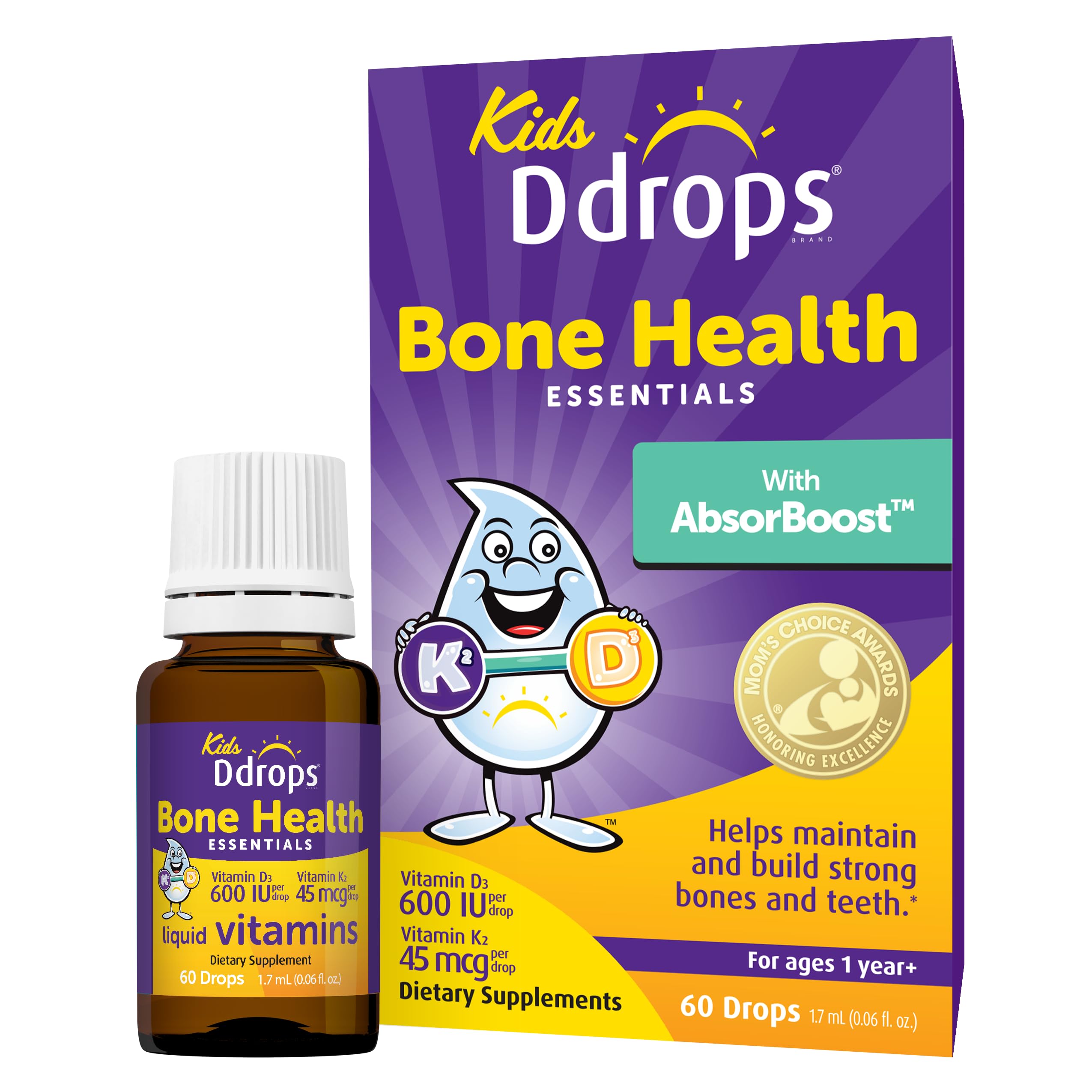Ddrops Kids Bone Health bottle being poured for easy daily use.
