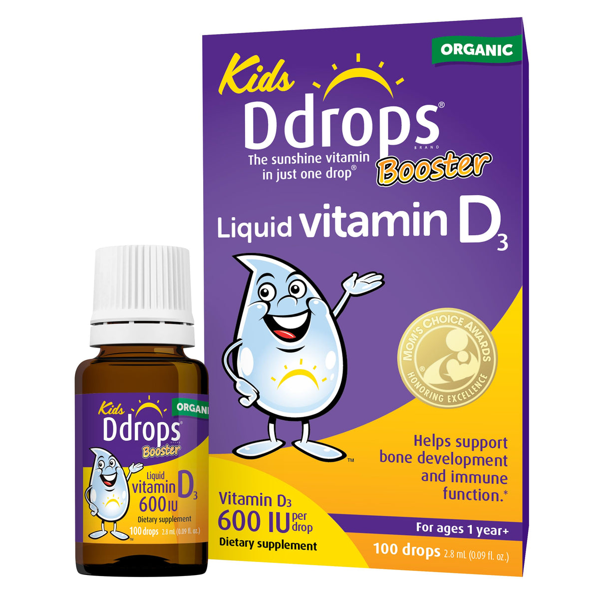 Ddrops Kids Booster bottle with label, easy daily vitamin D for growing children.