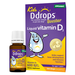 Ddrops Kids Booster bottle with label, easy daily vitamin D for growing children.