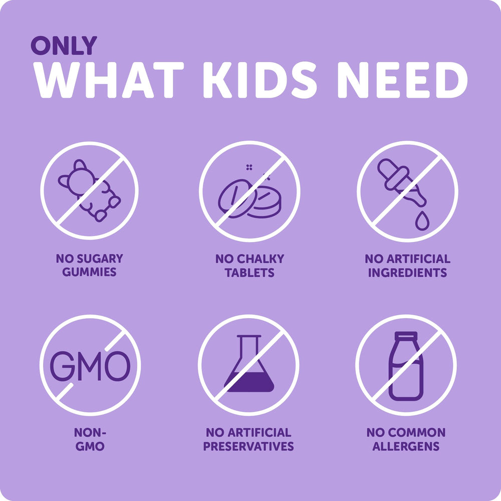 Ddrops Kids Booster carton and bottle display allergen-free, sugar-free formula.