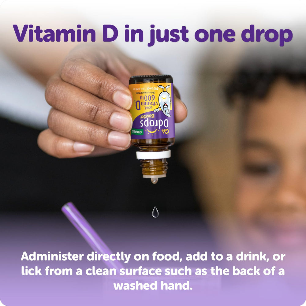 Ddrops Kids Booster label highlights immune function and bone support for kids.