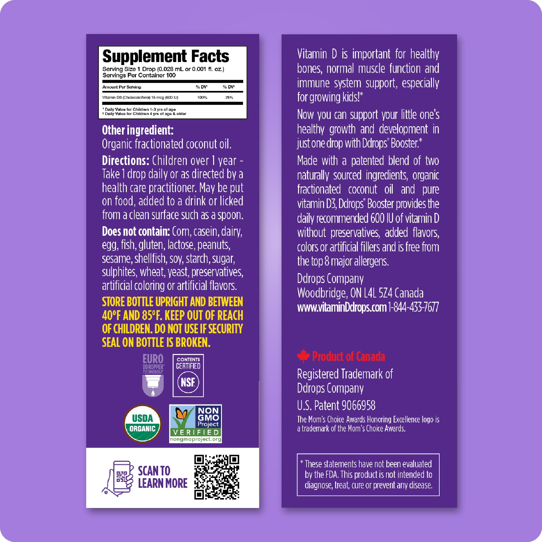 Ddrops Kids Booster ingredients D3 and fractionated coconut oil in a clean formula.